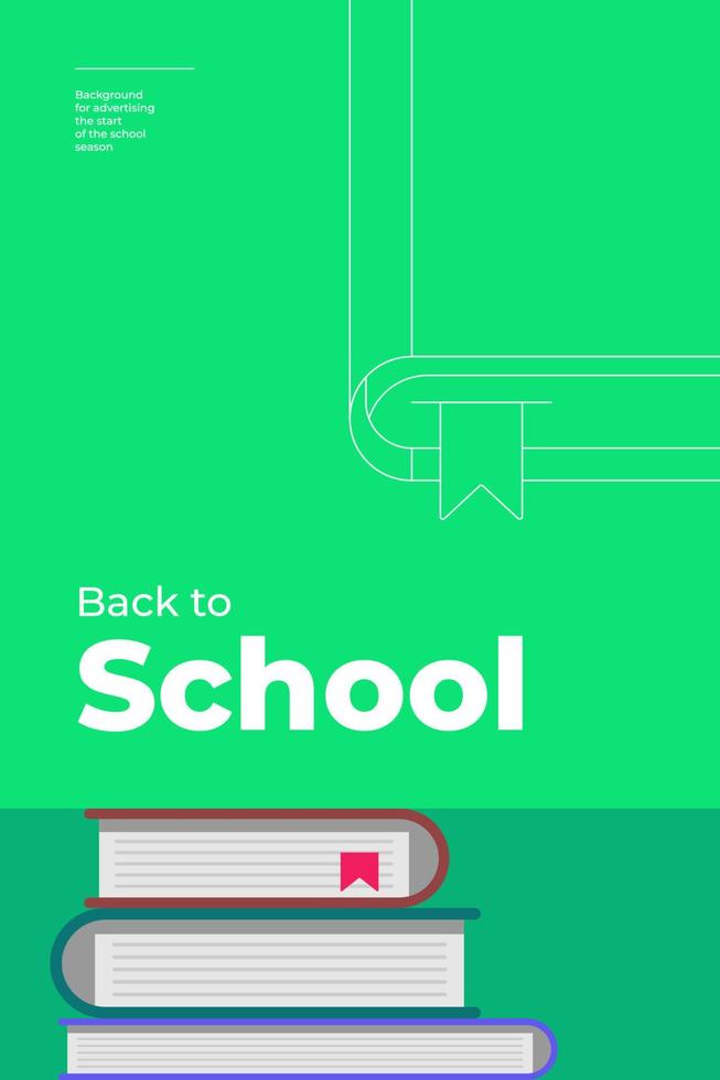 Back to school minimal trendy vertical poster with book and text. Season educational advertising background green color creative flyer design. Flat simple minimalistic vector eps banner