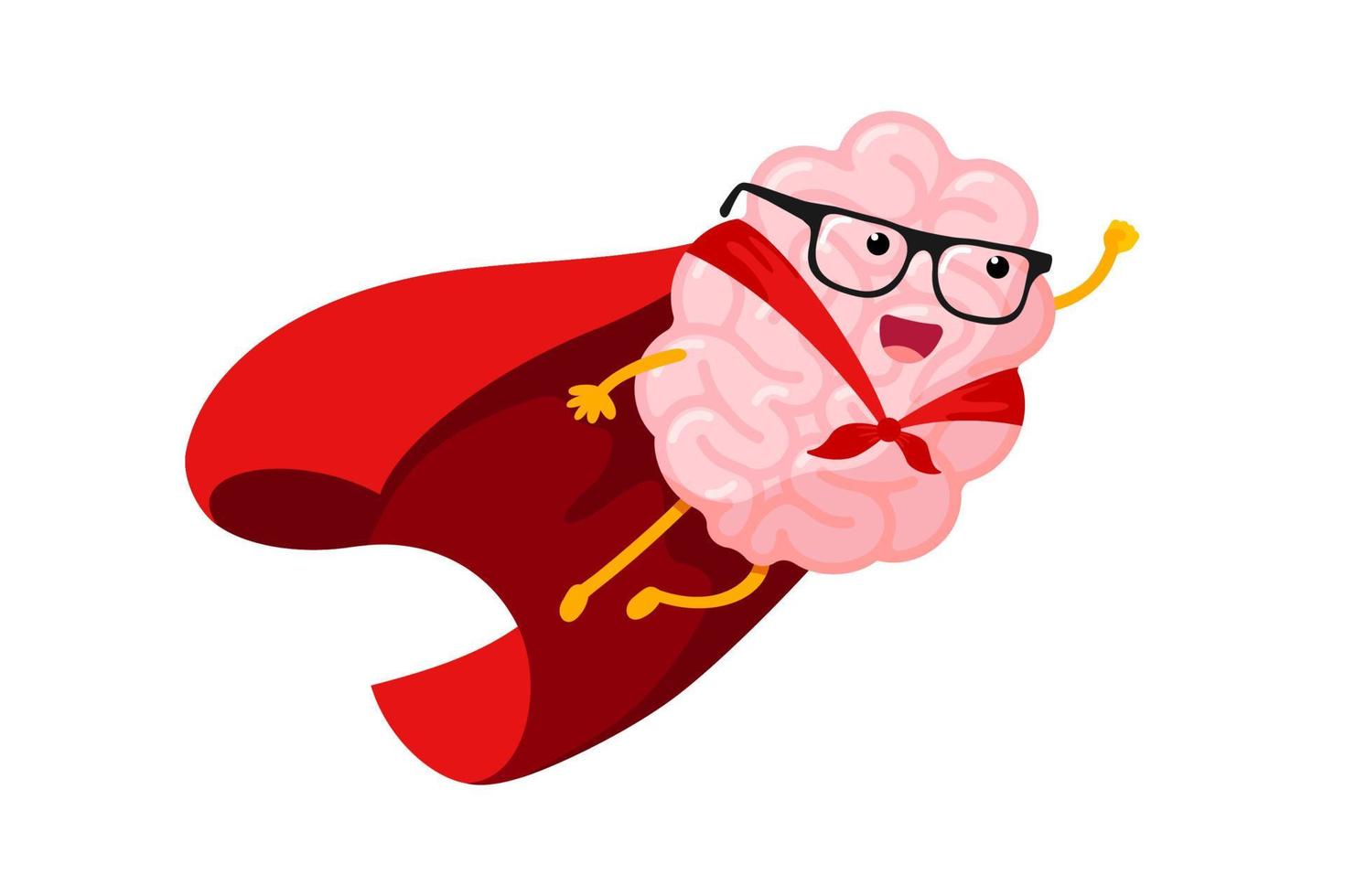 el cerebro humano de dibujos animados vuela en el cielo como superhéroe. inteligente superhéroe mascota del sistema nervioso central con gafas en abrigo rojo. inspiración del carácter del órgano de la mente humana. lluvia de ideas y concepto de idea. vector