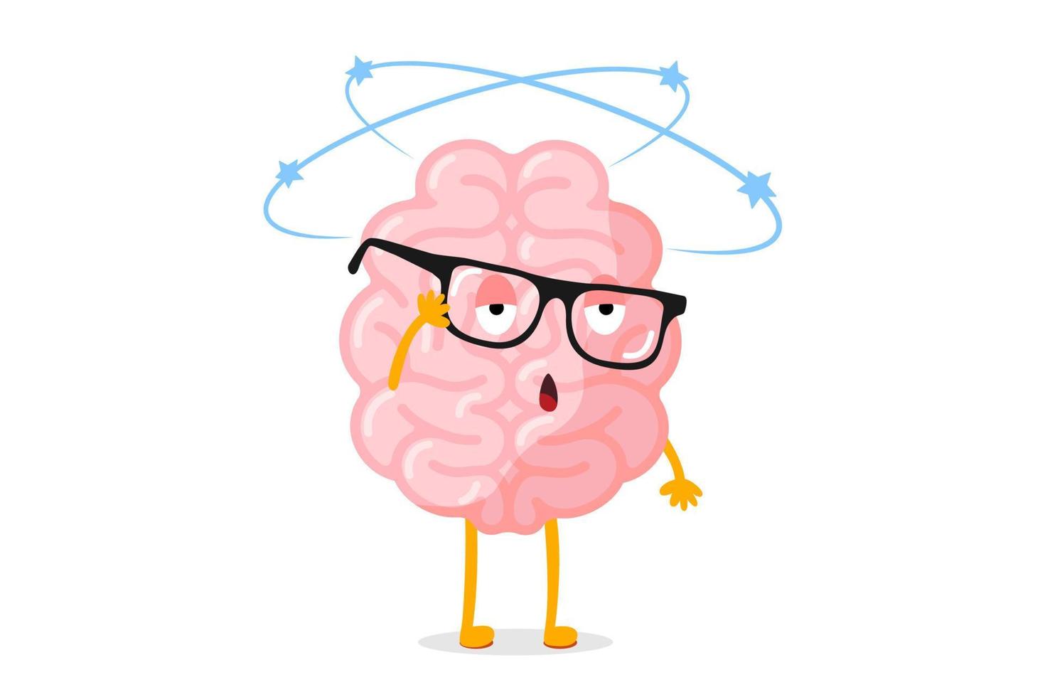 Cartoon sick human brain fainted dizzy. Central nervous system mascot with glasses dizziness. Human mind organ character feeling unwell and headache. Vector eps illustration