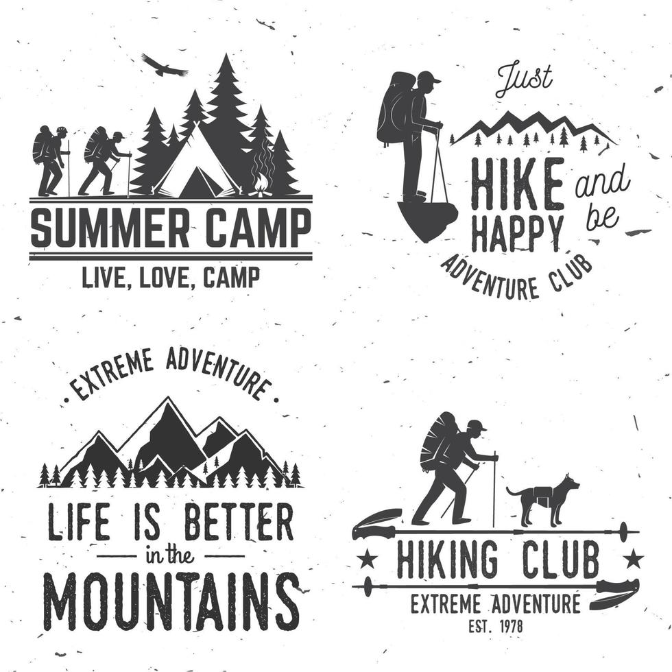 Set of extreme adventure badges. Mountains related typographic quote. vector