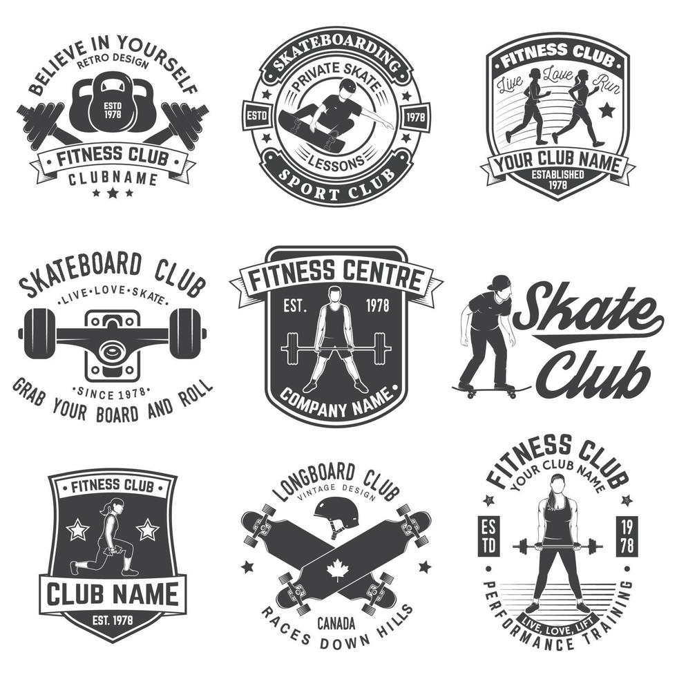 Set of fitness and skate board club concept with girls doing exercise and skateboarder silhouette. Vector