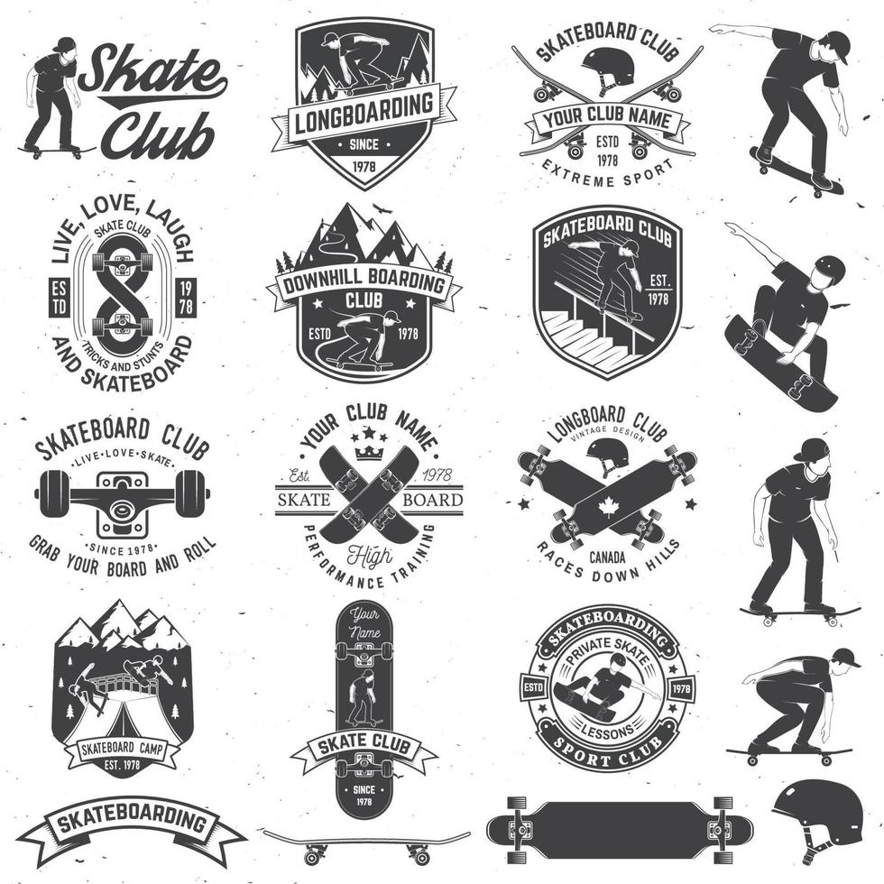 conjunto de insignias del club de skateboard y longboard. ilustración vectorial vector