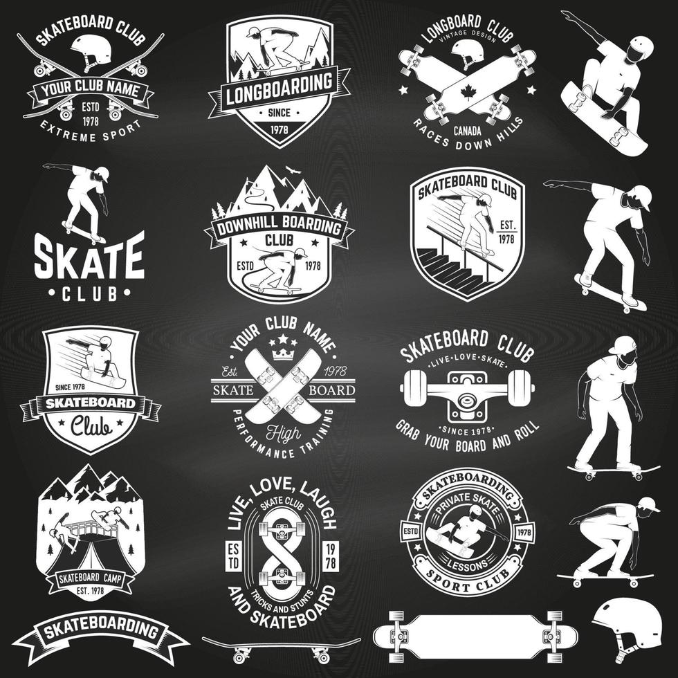 conjunto de insignias del club de skateboard y longboard. ilustración vectorial vector