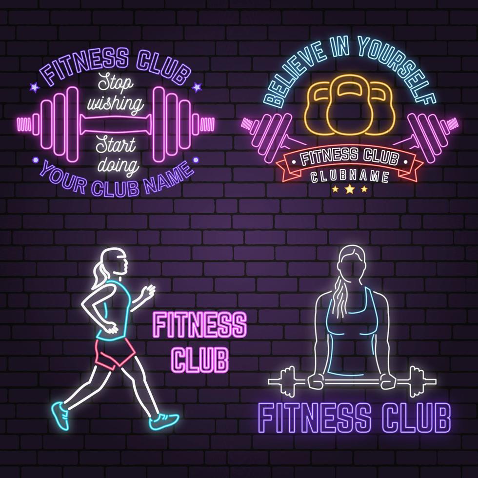 Neon fitness club sign on brick wall background. Vector illustration.