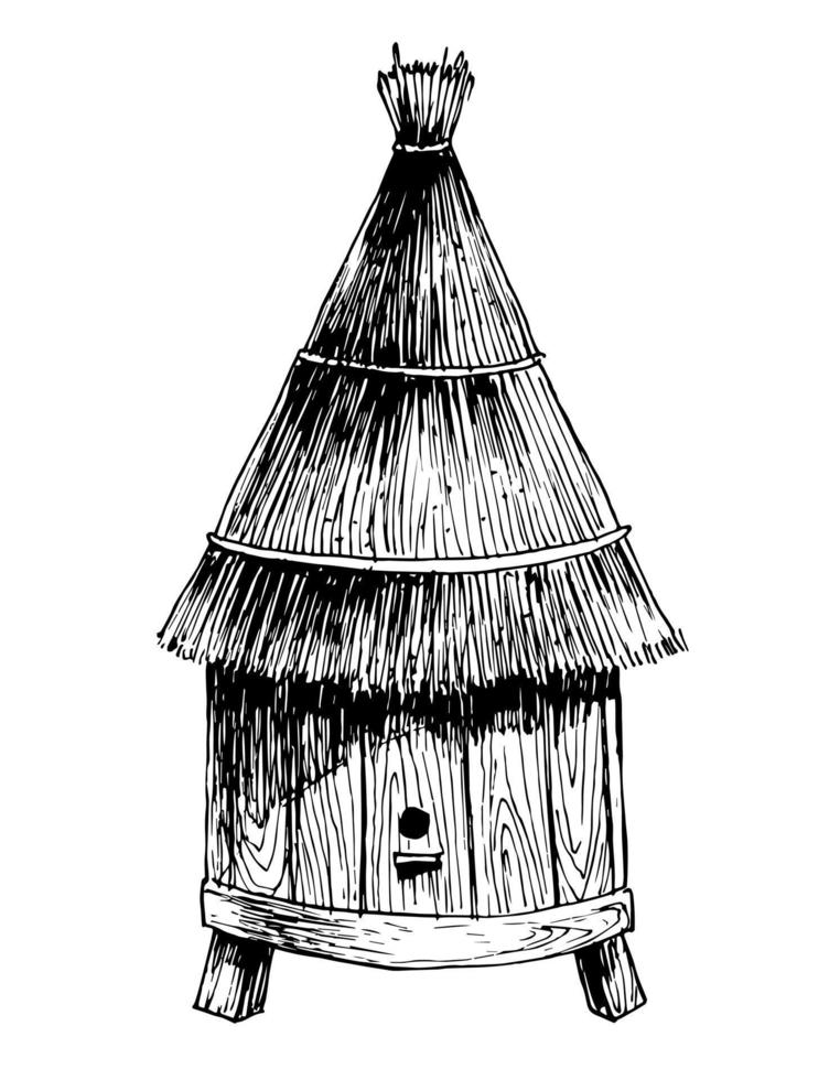 Vintage beehive in sketch style. Hand drawn vector drawing of a bee house for honey production. Black illustration of the insect house