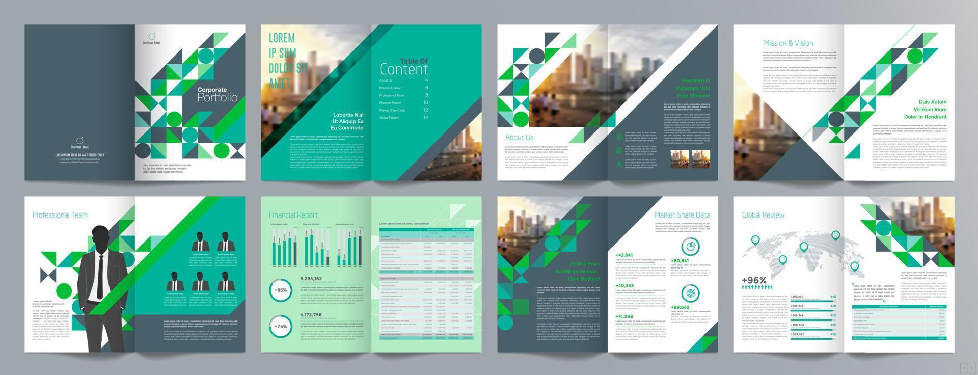 plantilla de folleto de guía de presentación de negocios corporativos, informe anual, plantilla de diseño de folleto de negocios geométrico plano minimalista de 16 páginas, tamaño a4. vector