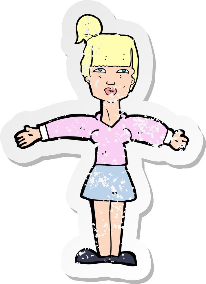 retro distressed sticker of a cartoon woman shrugging shoulders vector