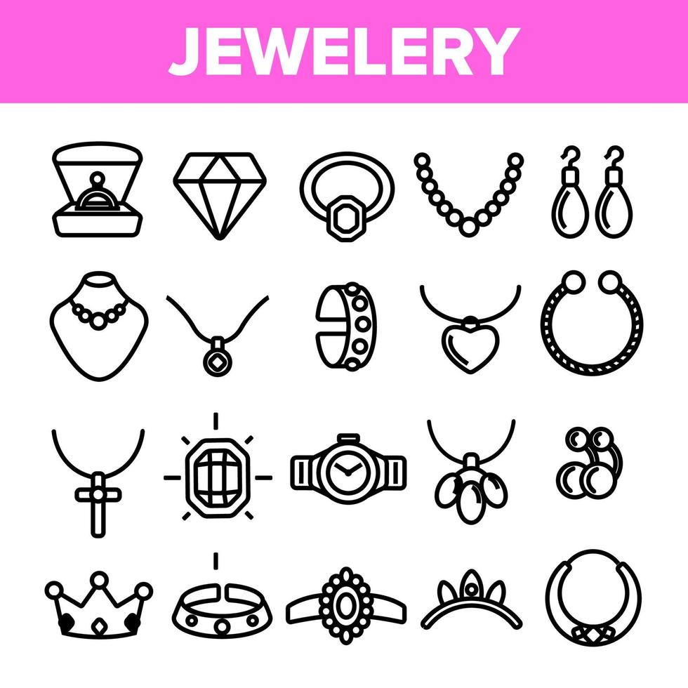 vector de conjunto de iconos de línea de joyería. símbolo de joyería de lujo de diamantes. signo de elegancia de gema. ilustración web de contorno delgado