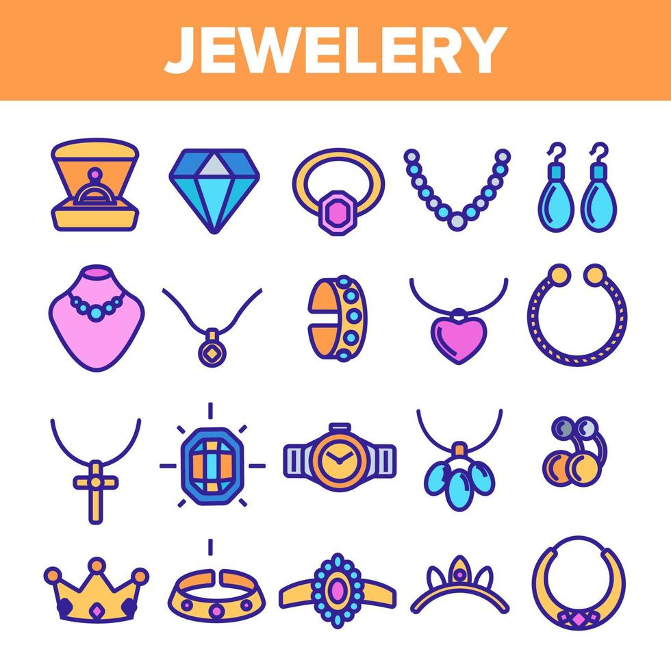 Jewelery Line Icon Set Vector. Diamond Luxury Jewelery Symbol. Gem Elegance Sign. Thin Outline Web Illustration vector