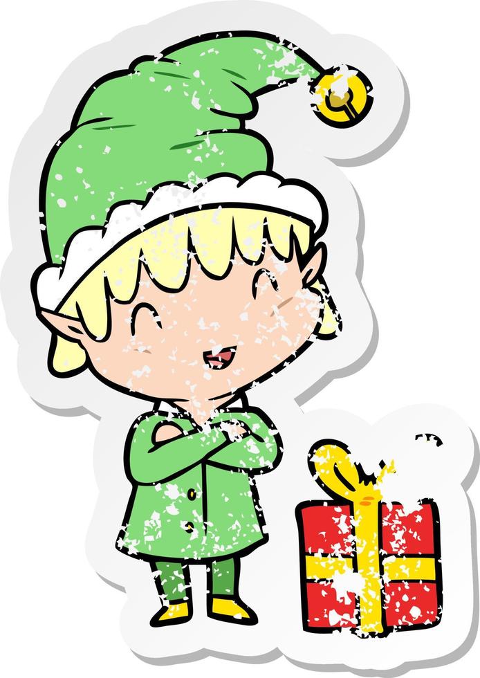 distressed sticker of a cartoon happy christmas elf vector