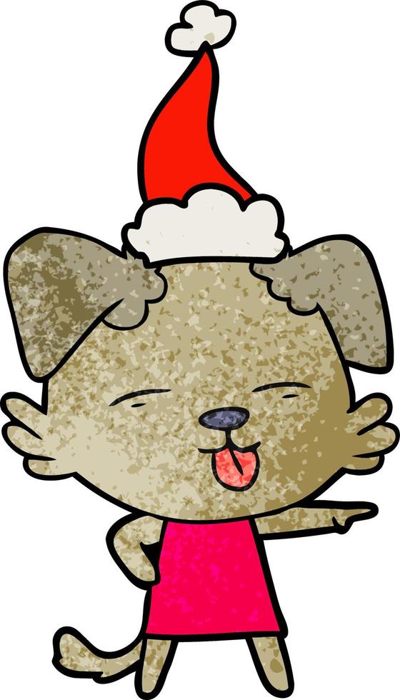 textured cartoon of a dog sticking out tongue wearing santa hat vector
