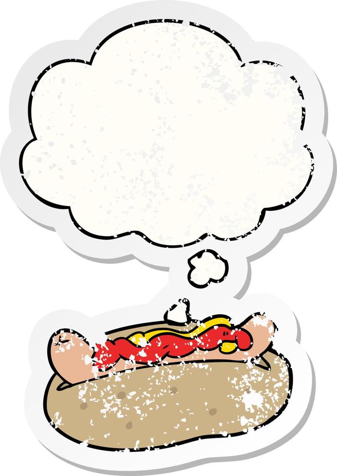 cartoon hotdog and thought bubble as a distressed worn sticker vector