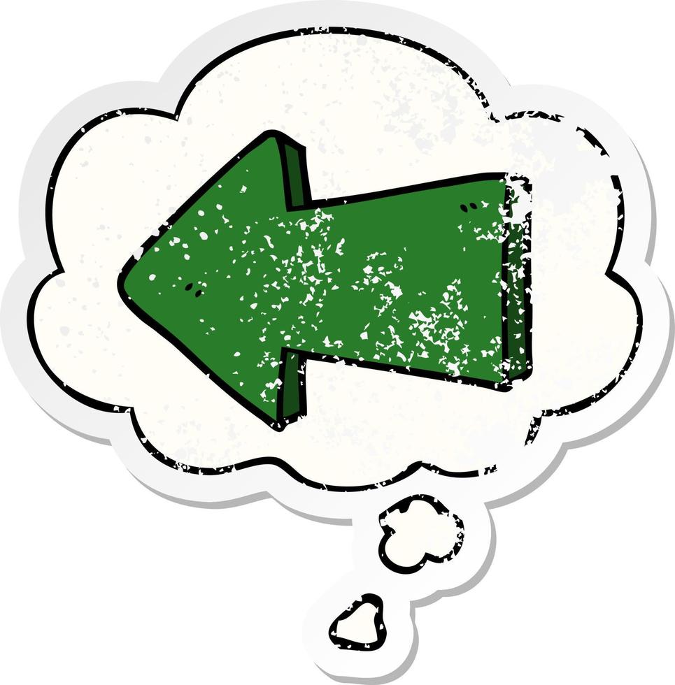 cartoon pointing arrow and thought bubble as a distressed worn sticker vector