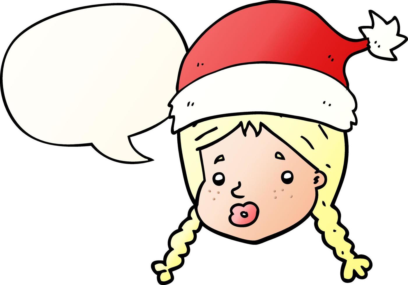 caricatura, niña, llevando, navidad, sombrero, y, burbuja del discurso, en, suave, gradiente, estilo vector