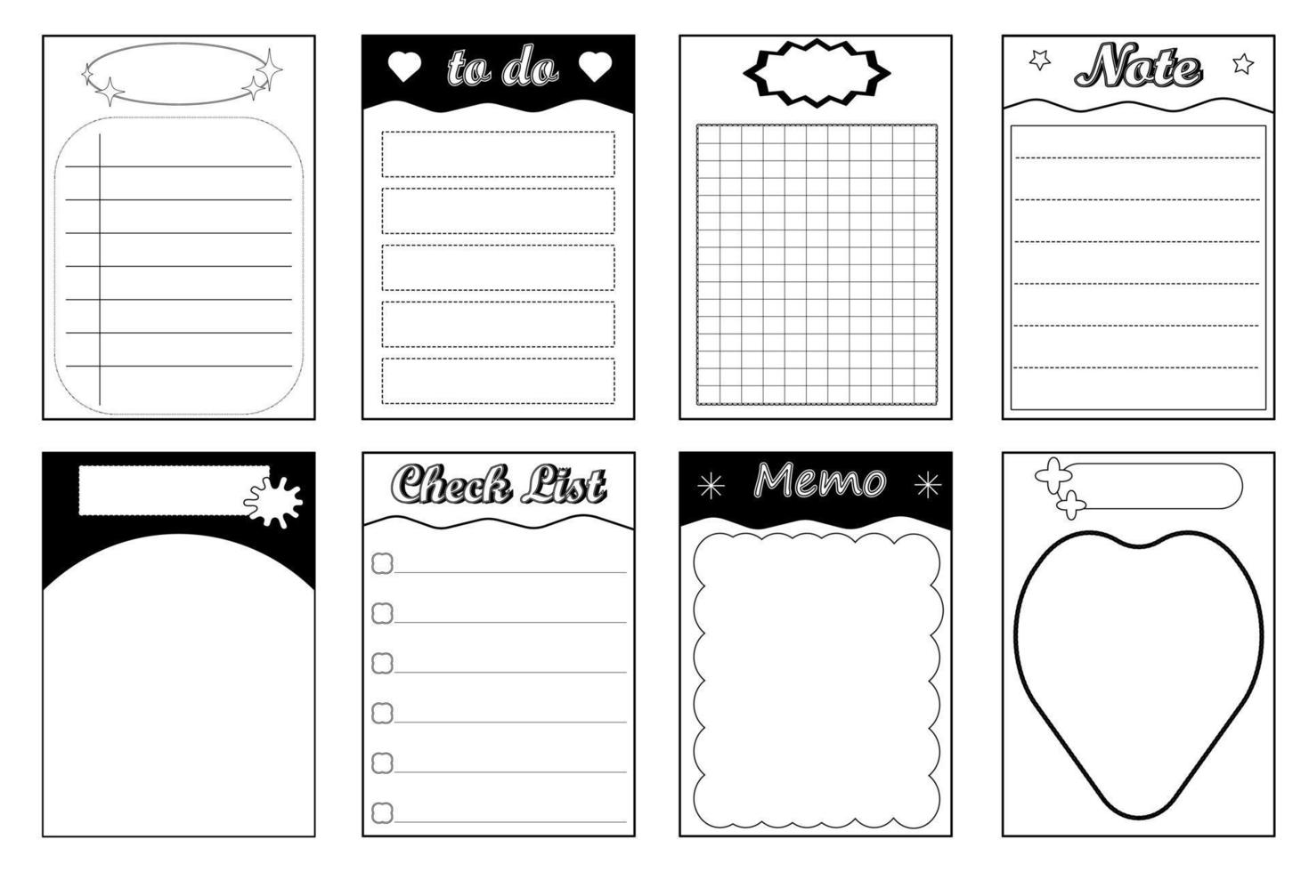 set of the cute black and white notepad, memo, planner, reminder, journal, striped note, paper template. cute, simple, and printable vector