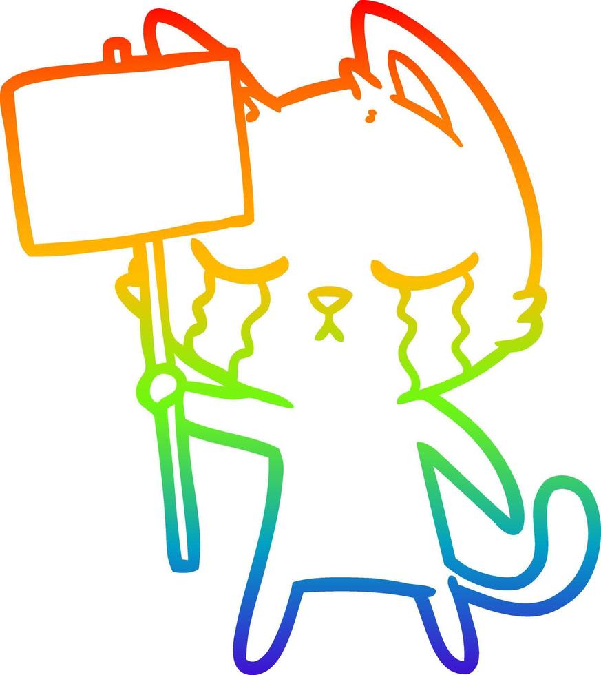 rainbow gradient line drawing crying cartoon cat vector