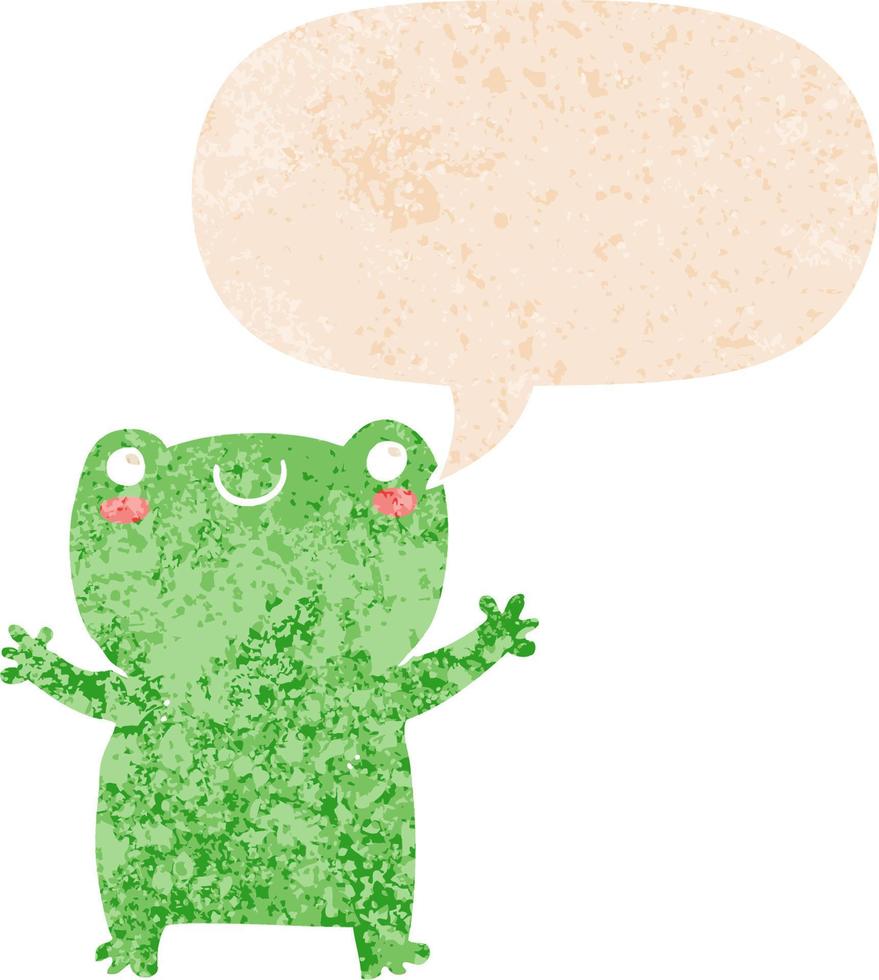cute cartoon frog and speech bubble in retro textured style vector