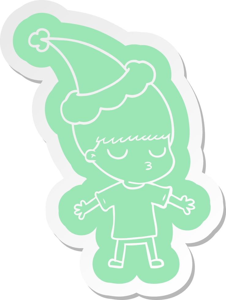 cartoon  sticker of a calm boy wearing santa hat vector