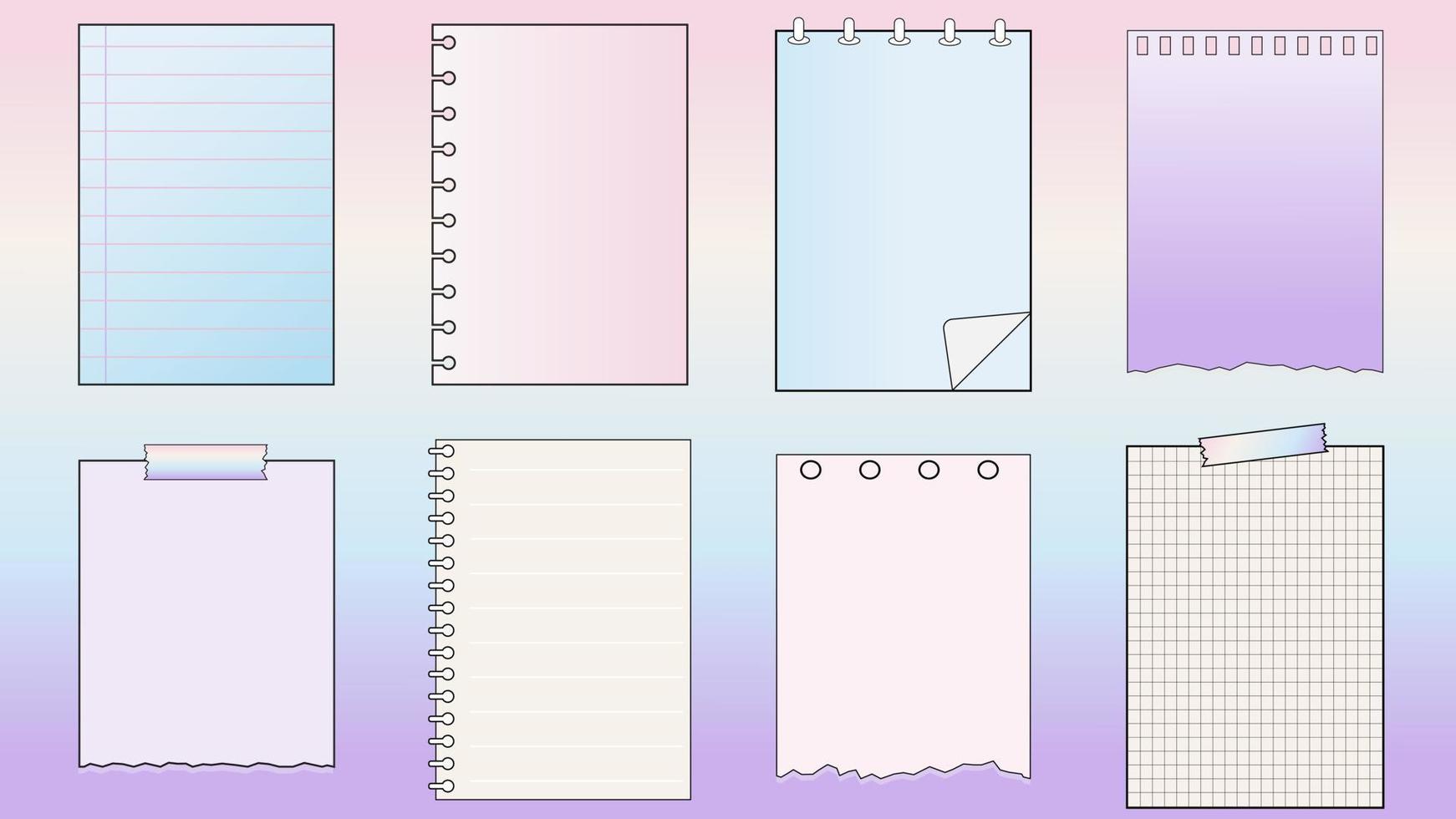 conjunto de plantillas de papel de colores en blanco para imprimir notas a rayas, planificador, diario, recordatorio, notas, lista de verificación, memo, bloc de notas vector