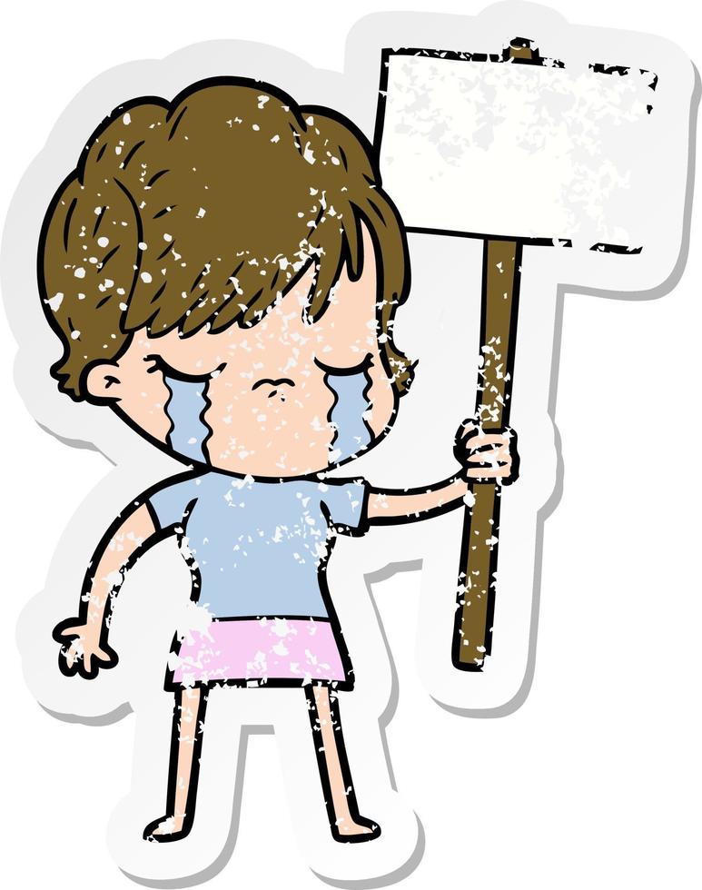 distressed sticker of a cartoon woman crying vector