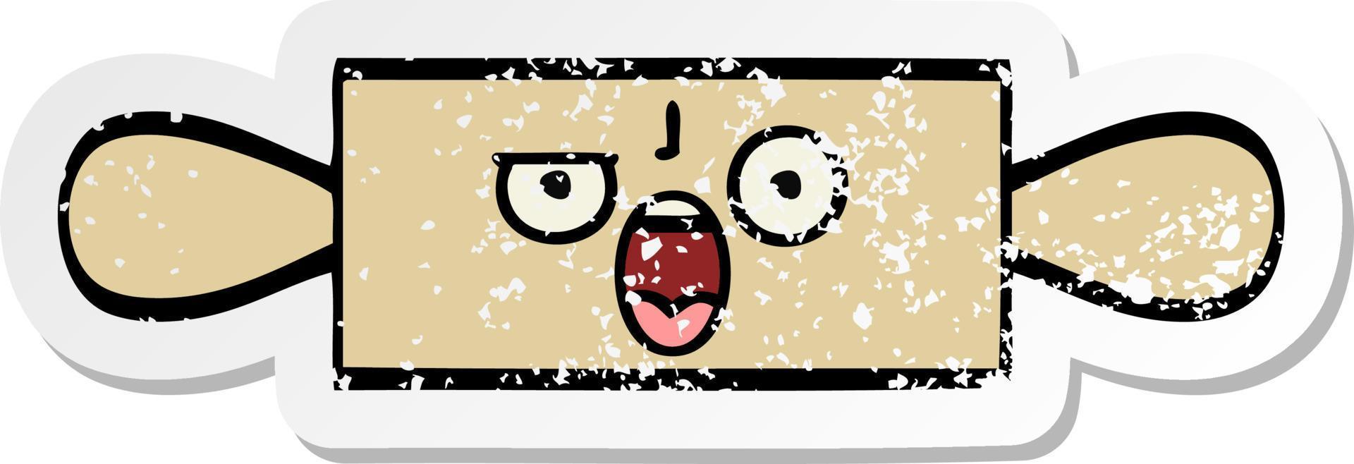 distressed sticker of a cute cartoon rolling pin vector