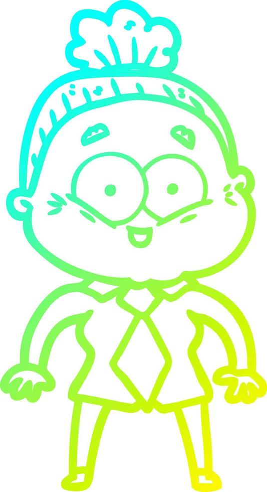 cold gradient line drawing cartoon happy old woman vector
