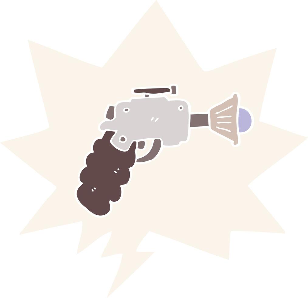 pistola de rayos de dibujos animados y burbuja de habla en estilo retro vector