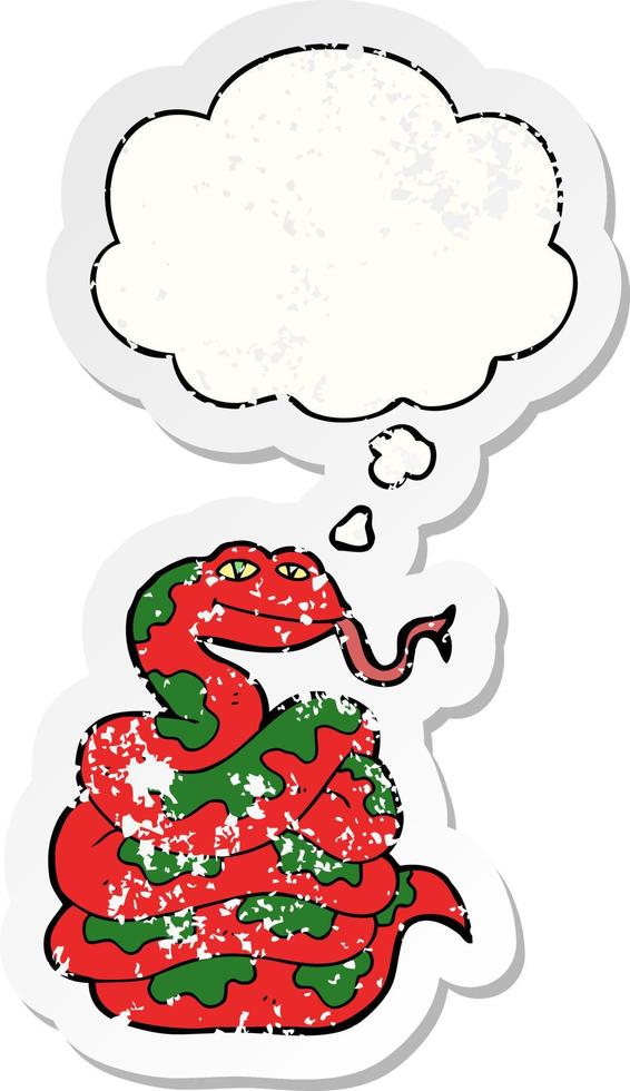 cartoon snake and thought bubble as a distressed worn sticker vector