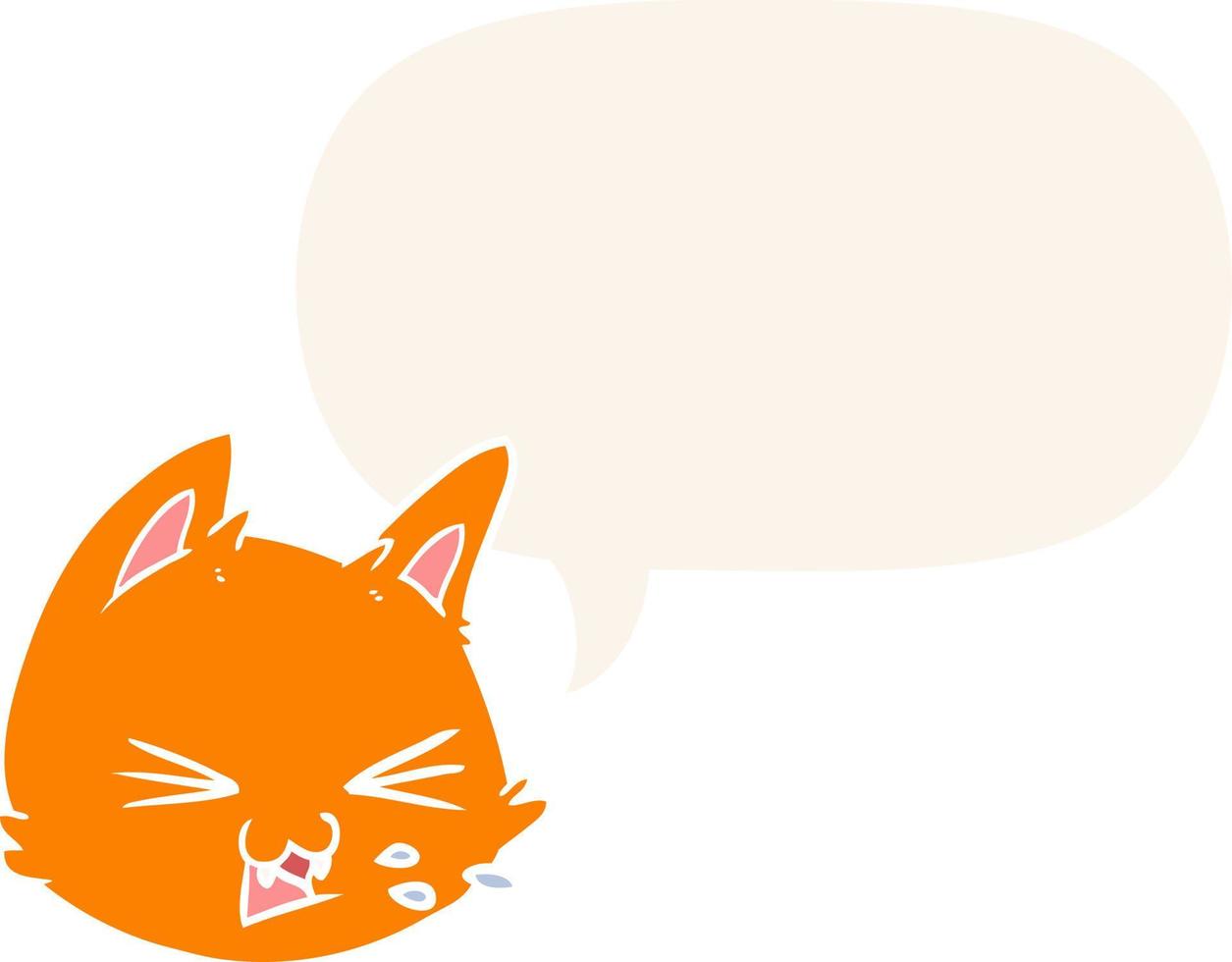 spitting cartoon cat face and speech bubble in retro style vector