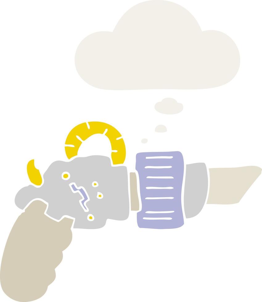 cartoon ray gun and thought bubble in retro style vector