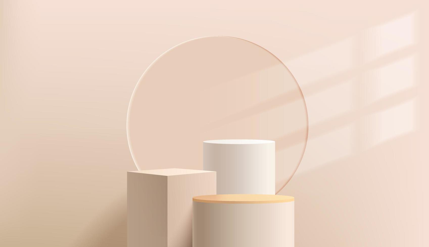 Abstract 3D cylinder pedestal podium with beige geometric cube platform. Light brown minimal wall scene with window lighting. Modern vector rendering for cosmetic product presentation.