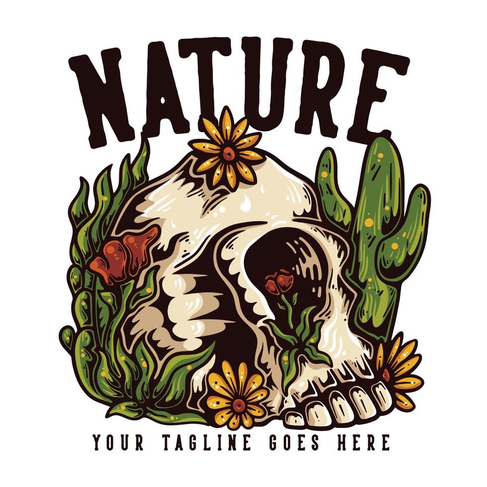 naturaleza de diseño de camiseta con calavera rodeada de platos con ilustración vintage de fondo blanco vector