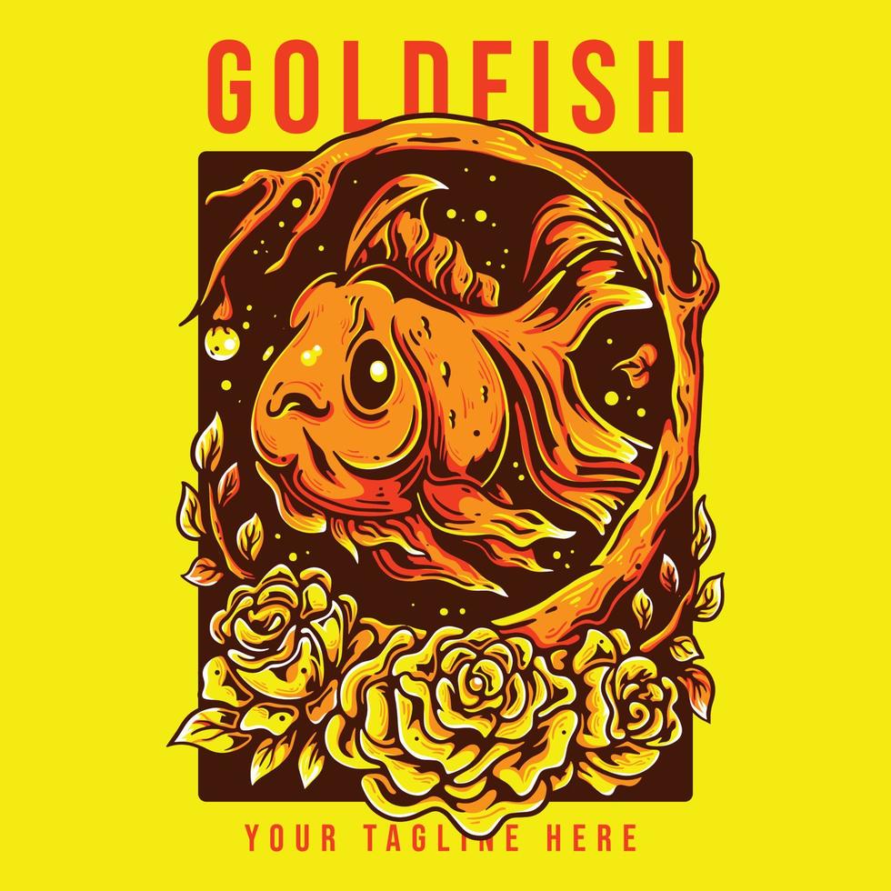 t shirt design goldfish with gold fish in the circle wood with roses vintage illustration vector