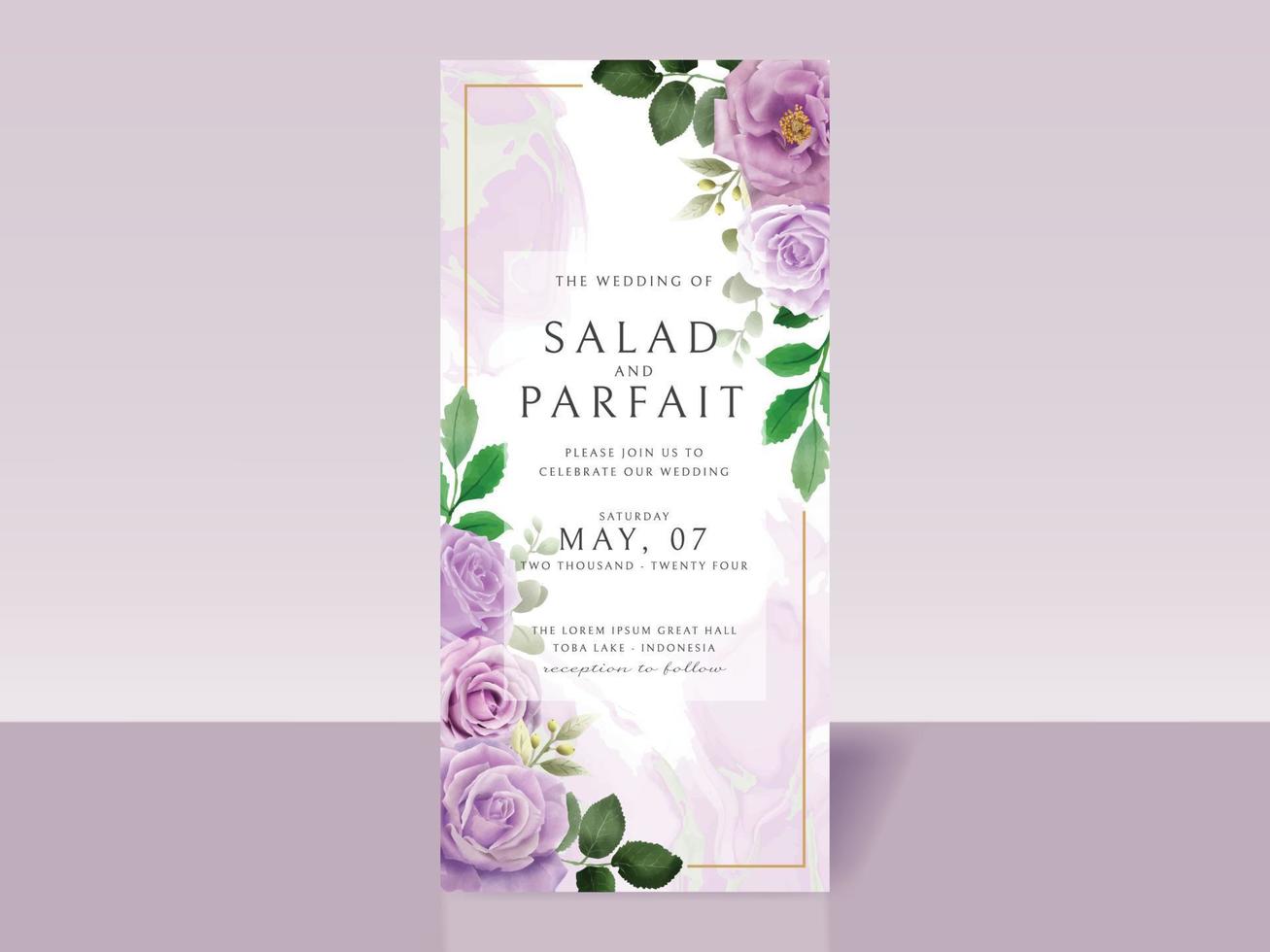 plantilla de tarjeta de invitación de boda con flores moradas vector