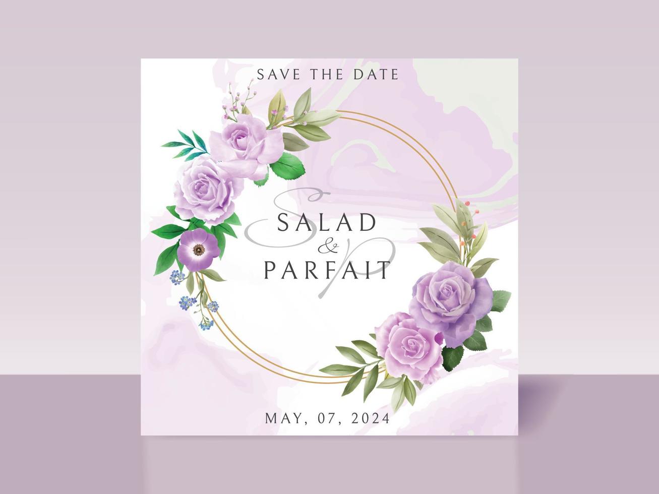 Wedding invitation card template with purple flowers vector