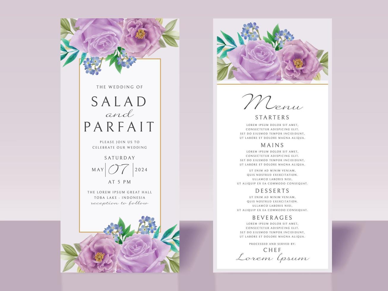 Wedding invitation card template with purple flowers vector