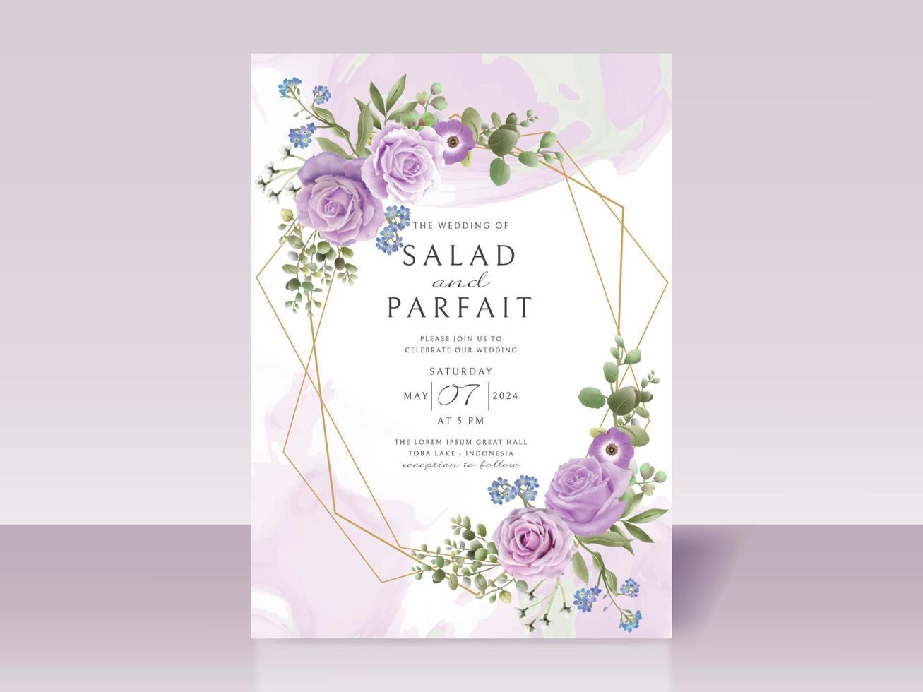 Wedding invitation card template with purple flowers vector