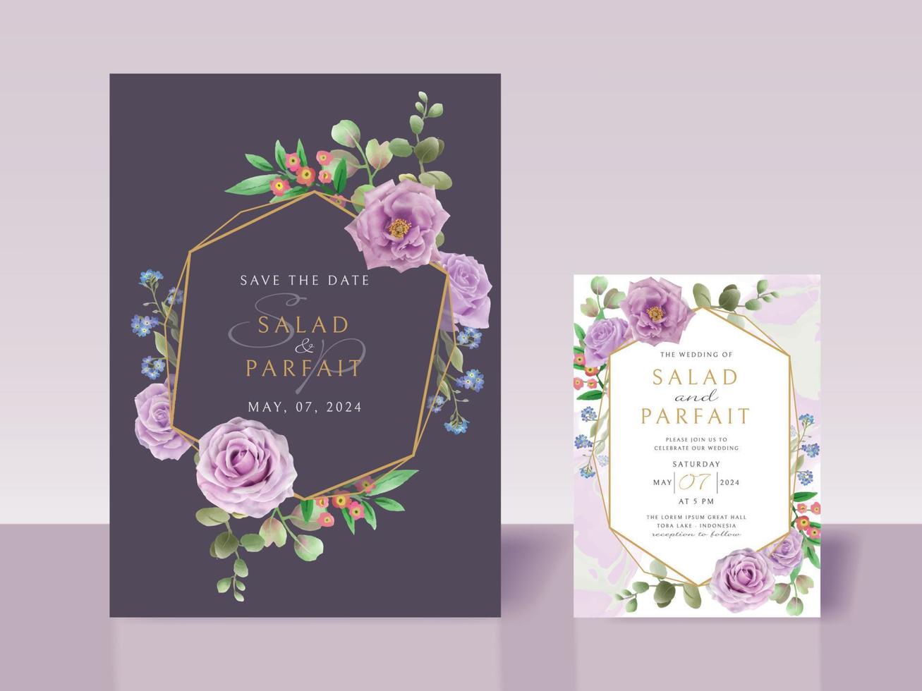 plantilla de tarjeta de invitación de boda con flores moradas vector