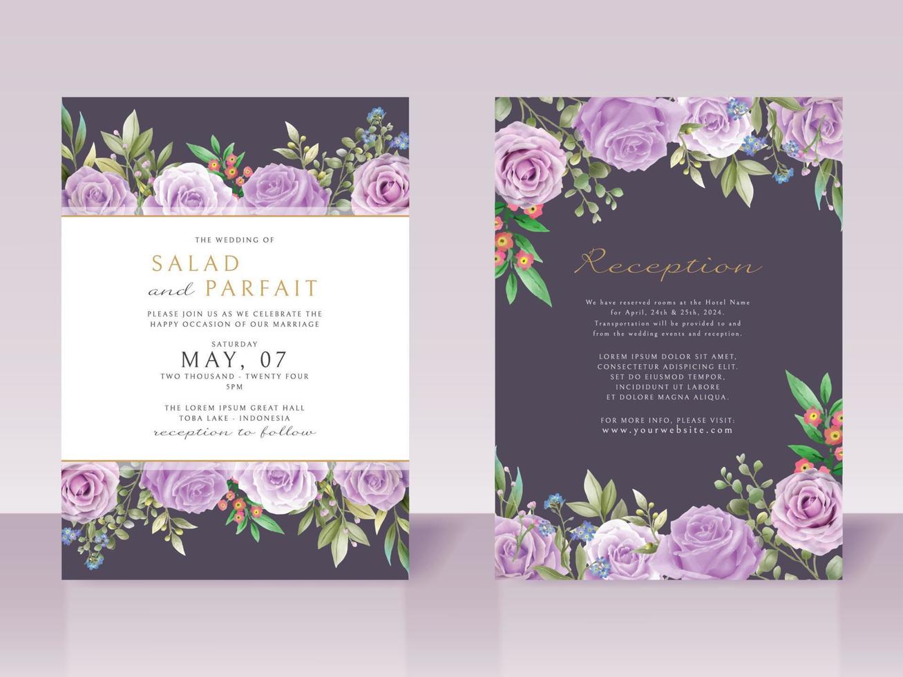 plantilla de tarjeta de invitación de boda con flores moradas vector