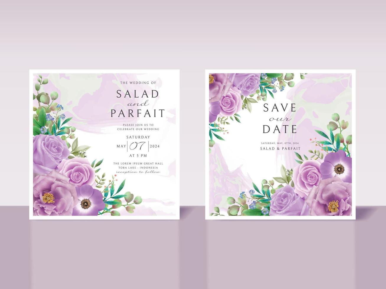 Wedding invitation card template with purple flowers vector