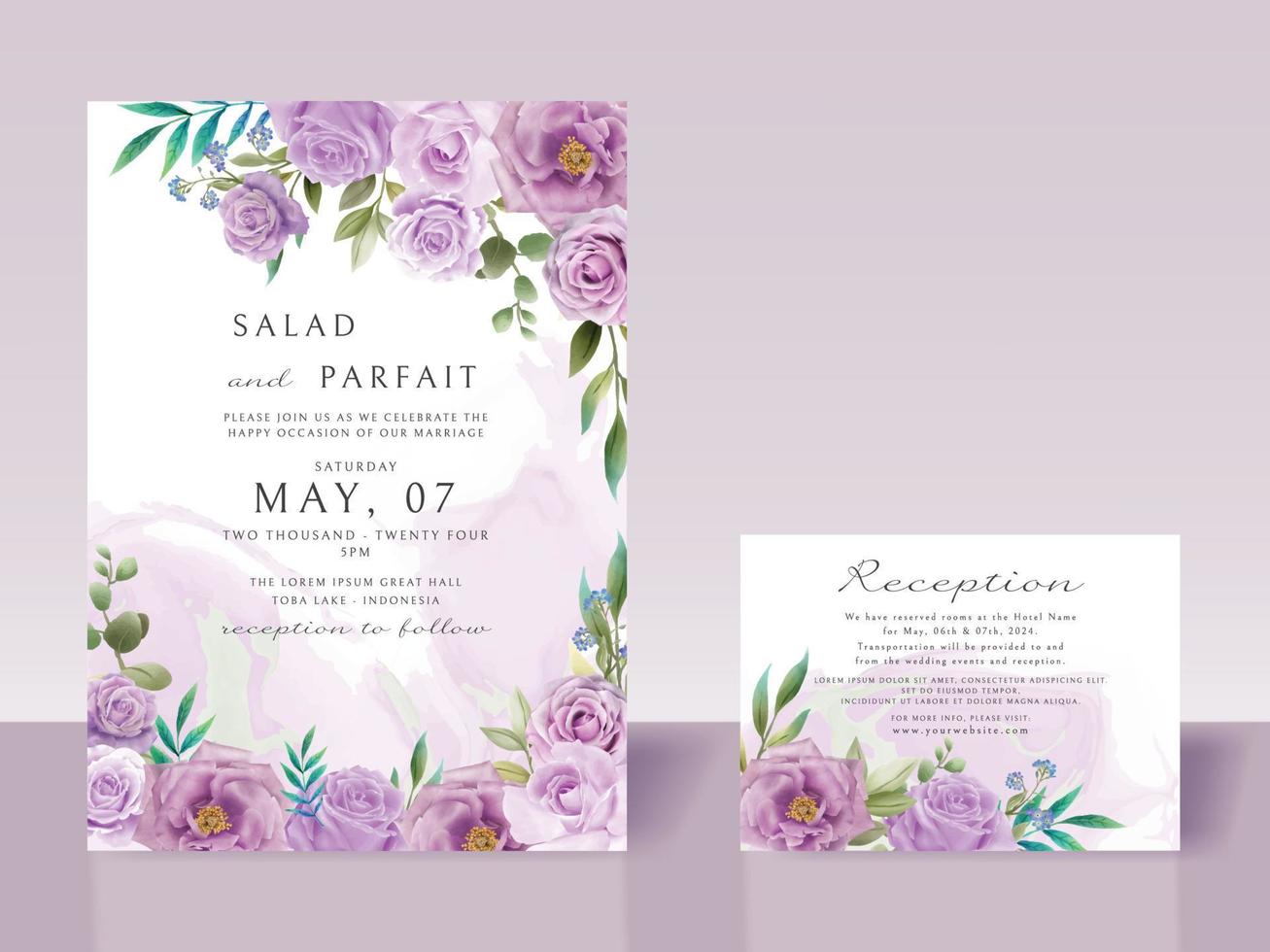 Wedding invitation card template with purple flowers vector