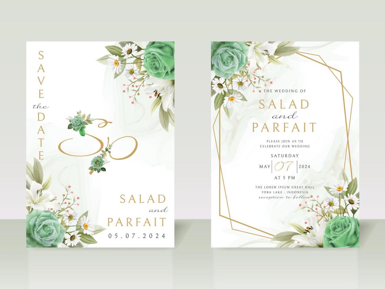 plantilla de tarjeta de invitación de boda floral verde vector