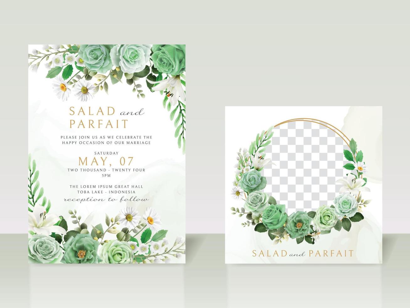 plantilla de tarjeta de invitación de boda floral verde vector