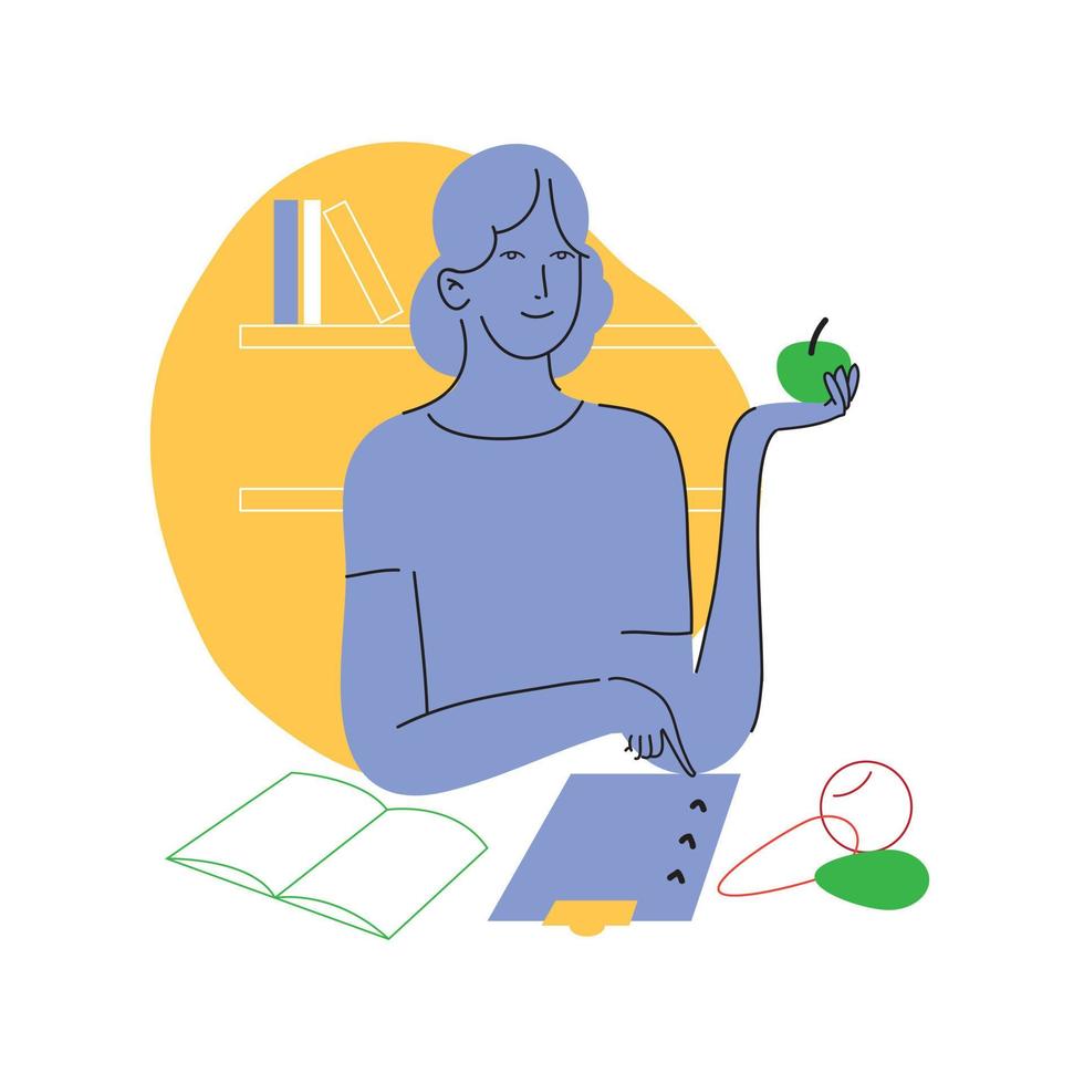 Nutritionist, dietitian woman at the office, hold apple in the hand. Vector flat illustration