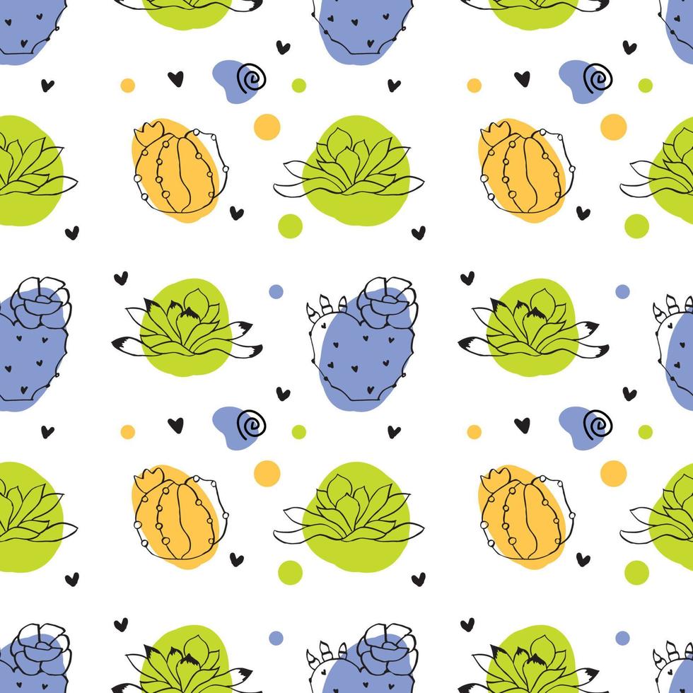 Seamless pattern with doodle cactus plants and multicolor shapes. Vibrant colors, perfect for your project, baby textile, greeting card vector