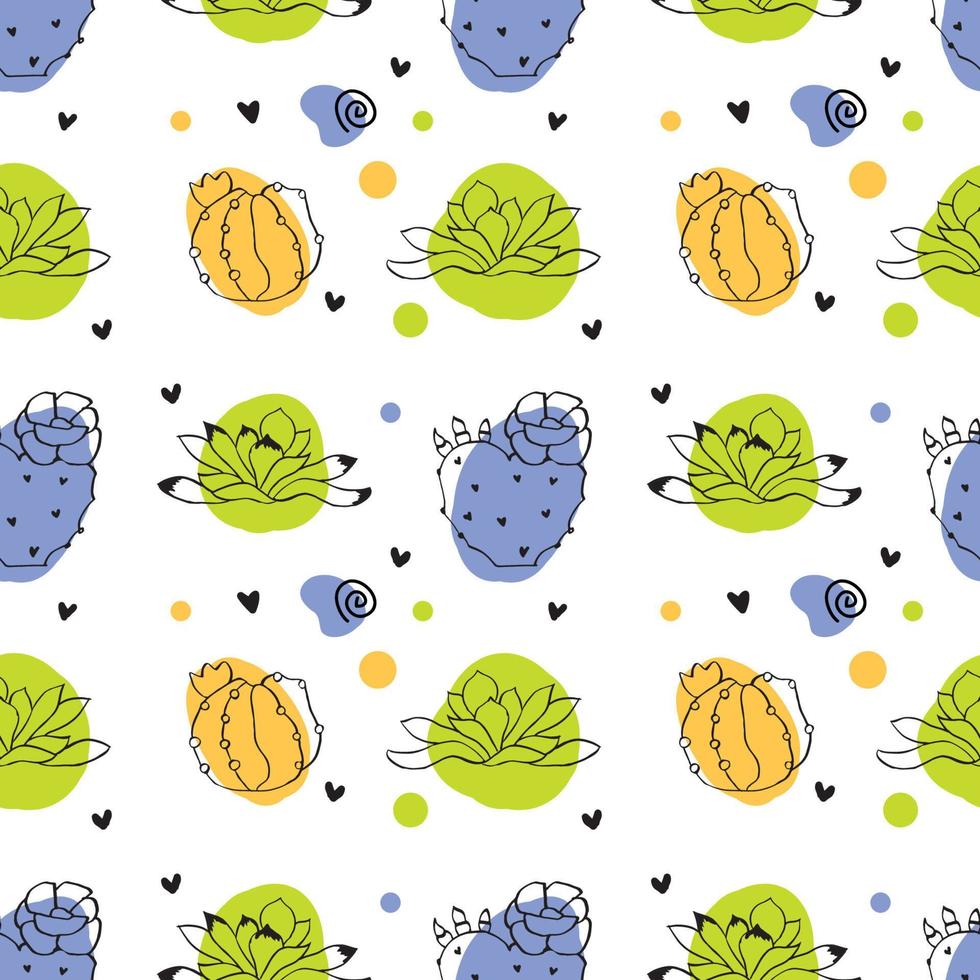 Seamless pattern with doodle cactus plants and multicolor shapes. Vibrant colors, perfect for your project, baby textile, greeting card vector