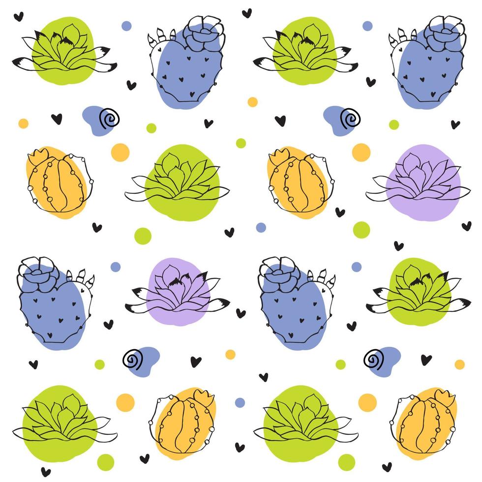 Seamless pattern with doodle cactus plants and multicolor shapes. Vibrant colors, perfect for your project, baby textile, greeting card vector