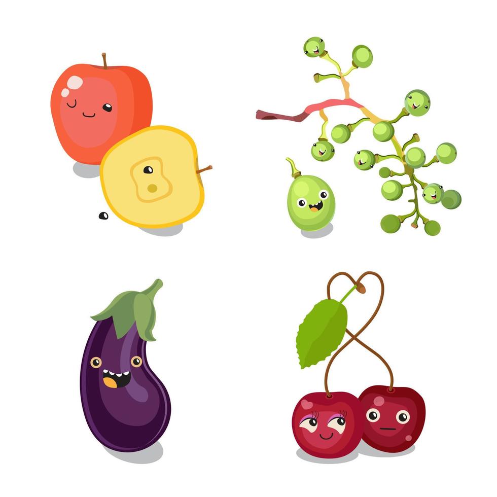 Cute fruits characters kawaii for kids. Vector flat illustration