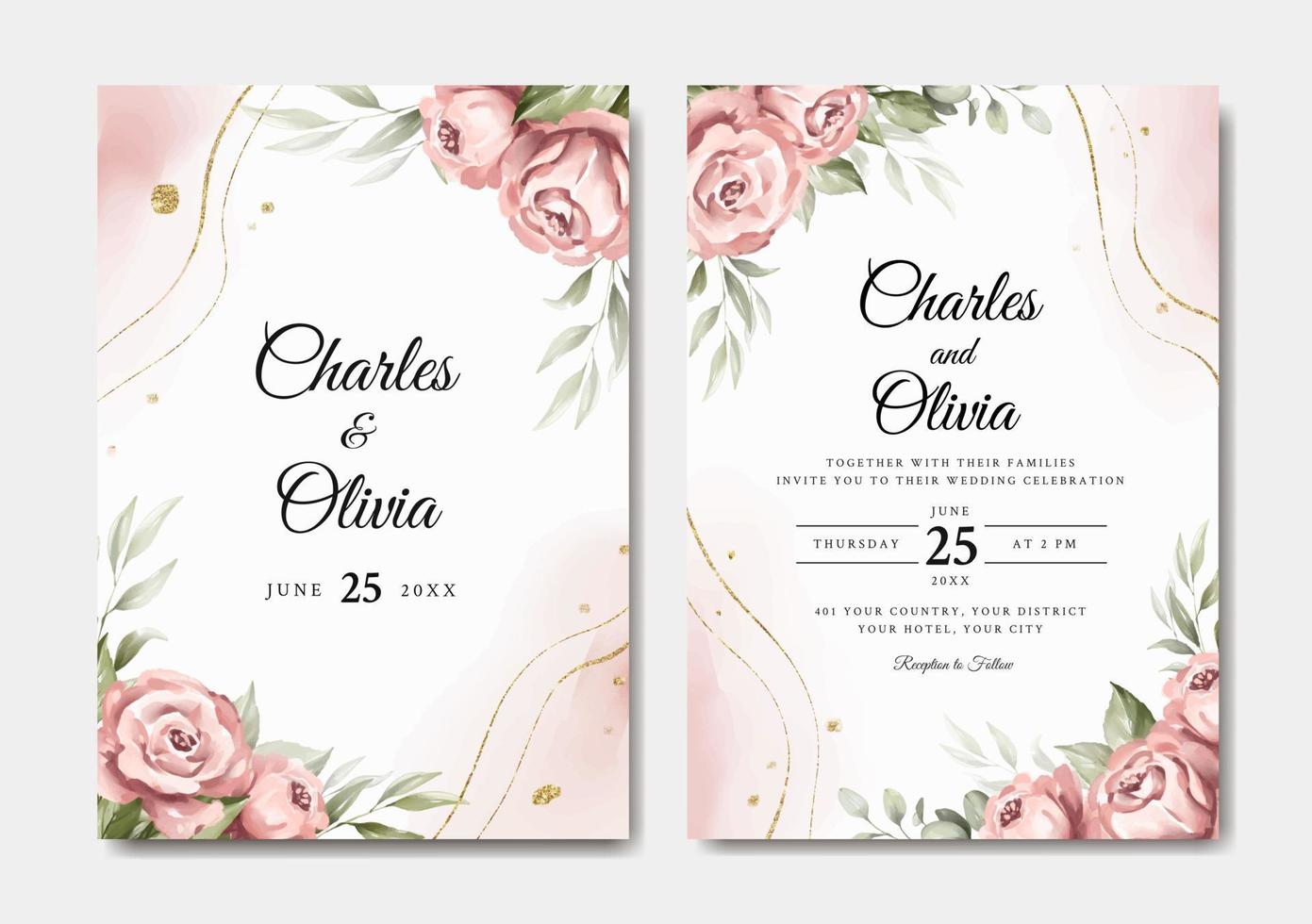 elegante plantilla de invitación de boda con rosa rosa vector