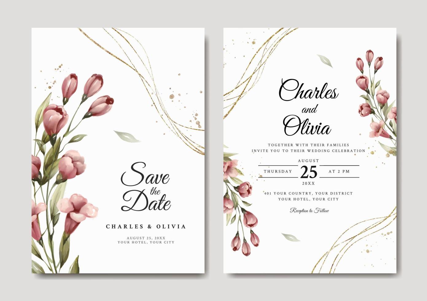 Wedding invitation template with red floral vector